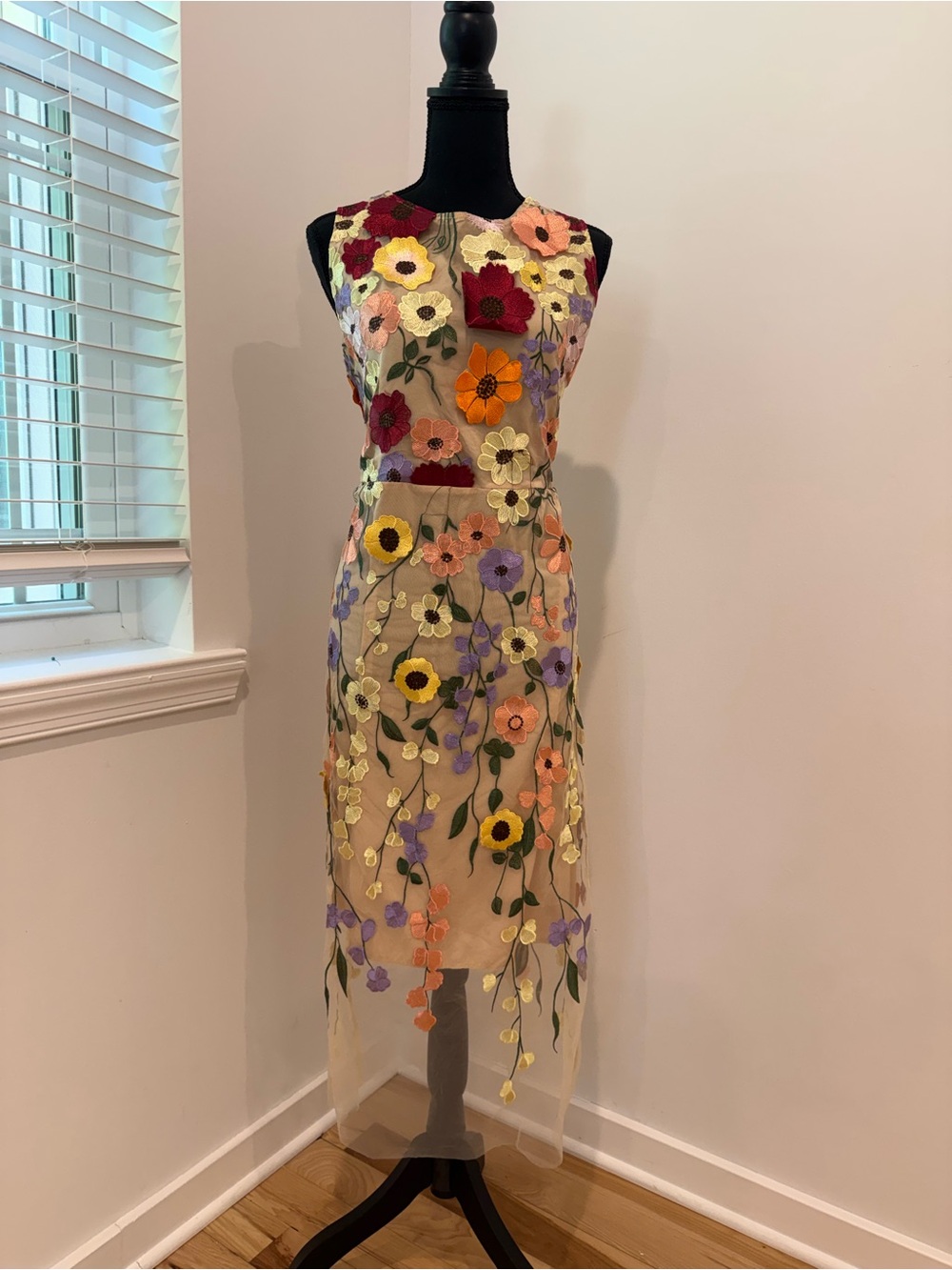Embroidered Floral Sheath Dress in Beige with Multicolor Flowers